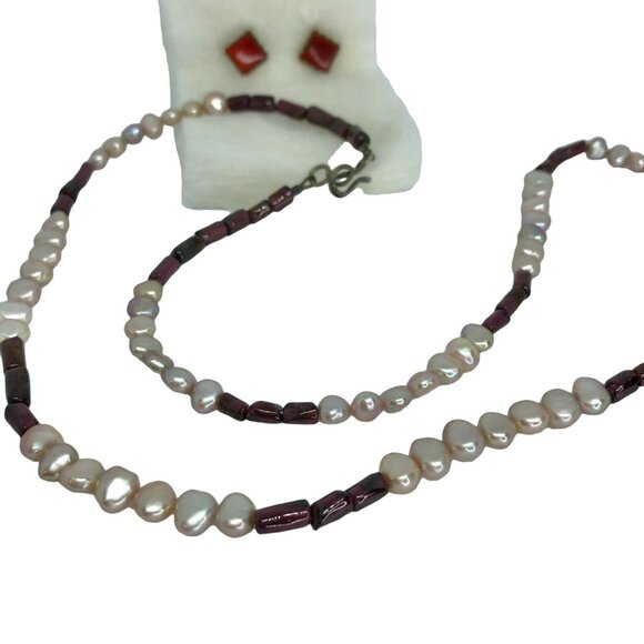 Vintage Beaded Necklace & Earrings Set Red White Snallygaster Store - Picture 3 of 12